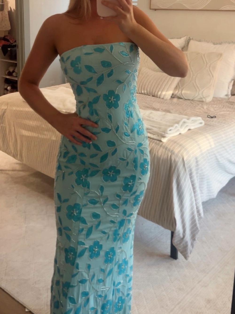Lucy in the Sky Strapless Aqua Blue Floral Embroidered Gown